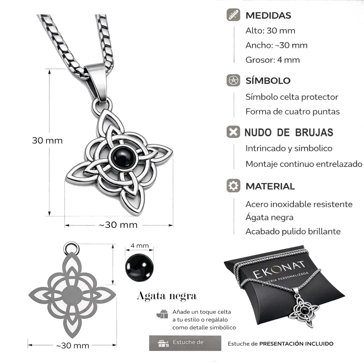 Ekonat-Nudo de bruja con ágata negra- amuletos de la suerte y proteccion- colgantes nudo de bruja - amuleto protector- tamaño 30 mm cadena acero 55 cm