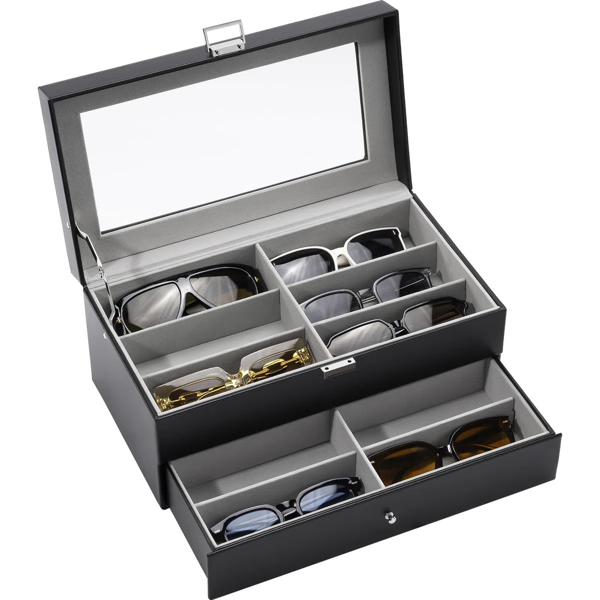 ProCase Caja Gafas, Expositor Gafas de Sol, Organizador Sunglasses 12 Compartimentos 2 Capas, Estuches para Gafas, Joyería, Reloj, Guardar Llaves Regalo Ideal para Mujeres Hombres -Negro