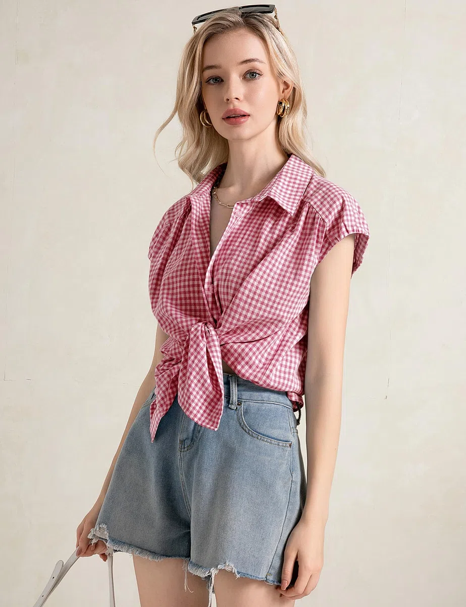 EFFAN Blusa de algodón para mujer, con manga casquillo, cuello en V, para verano, con botones, holgada, para el trabajo 2025