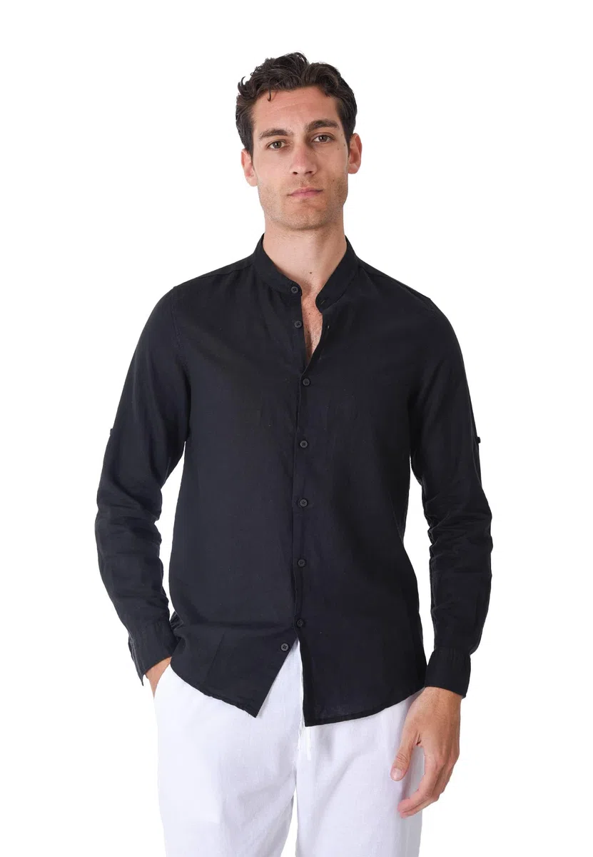 Camisa de hombre 100% lino cuello coreano blanco azul beige celeste negro rosa verde manga larga verano Slim Fit Serafino Sartorial Mangas revolables Negro L