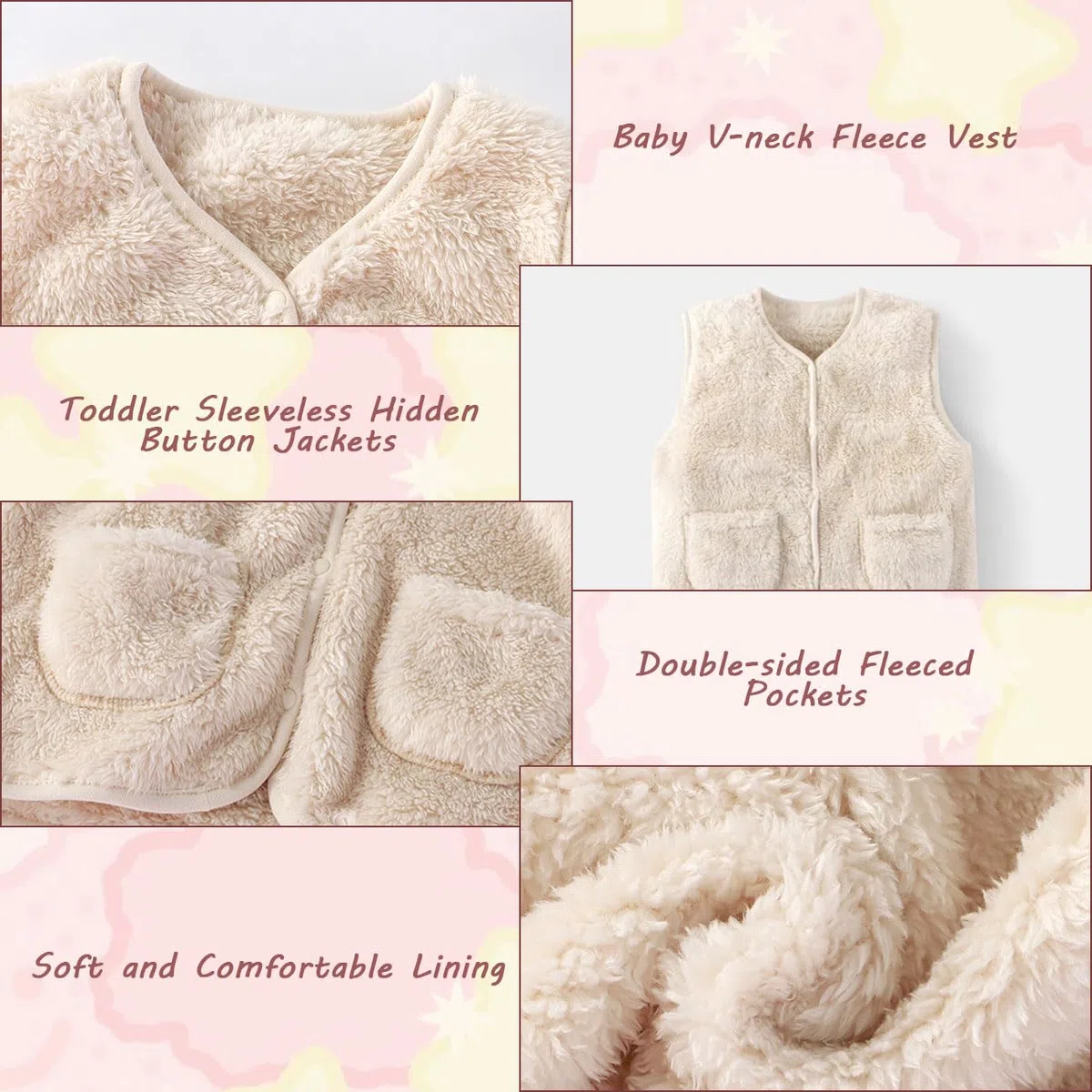Lindo Bebé Niña Chaleco, Baby Chalecos de Felpa Doble Cara Sin Mangas con Botones a Presión, Bebé Cálido Chaqueta para Otoño, Invierno, Chaqueta Unisex con Bolsillos, Beige/Rosa, 1-7 Años