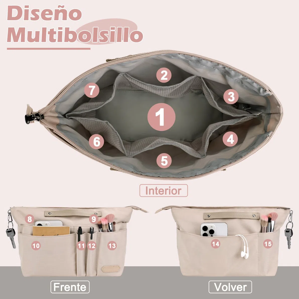 GADITIEK Organizador Bolsos, Organizador De Bolsos Poliéster con Llavero, Organizador Bolsos De Mujer para Bolsos Longchamp Le Pliage l,y Más... Tote Bag Organizer (Beige, L)