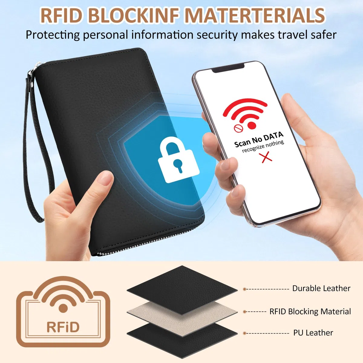 Funda Pasaporte RFID Porta Pasaporte Piel Passport Wallet Impermeable Passport Cover Portadocumentos Viaje para Documentos Billetes Avión Tarjetas, Negro