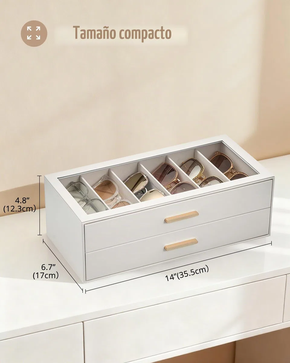 Lolalet 6 Relojes Estuche para gafas de sol para mujer, organizador de gafas con tapa transparente y expositor -Beige