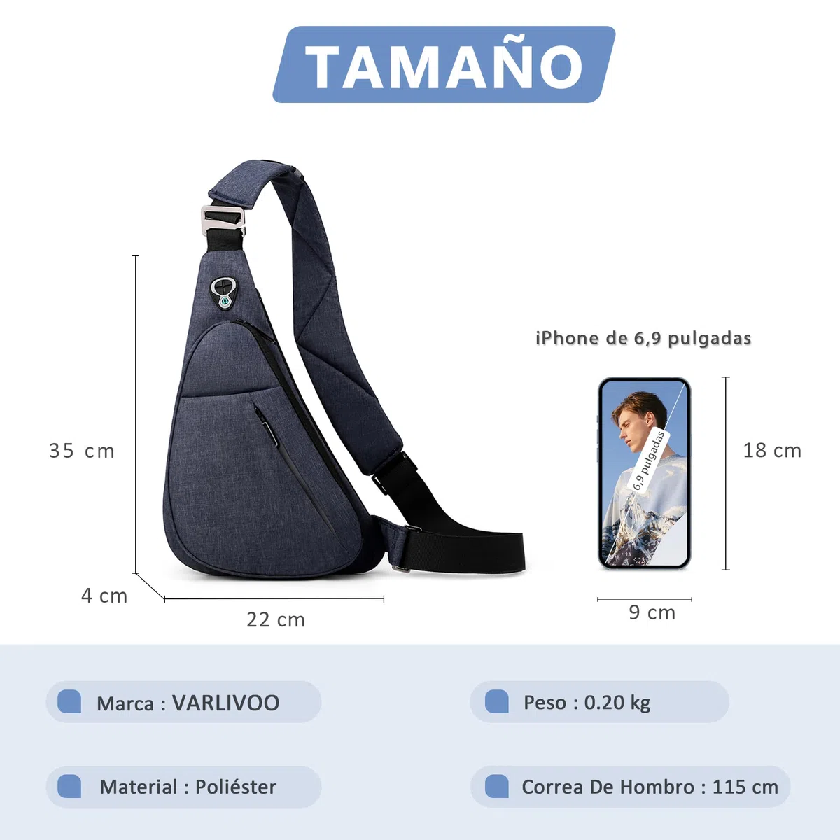 VARLIVOO Bandoleras Hombre, Bolso de Hombro Antirrobo Pequeña Bolso de Pecho Impermeable para Trabajo y Viaje Deporte Unversidad Azul B