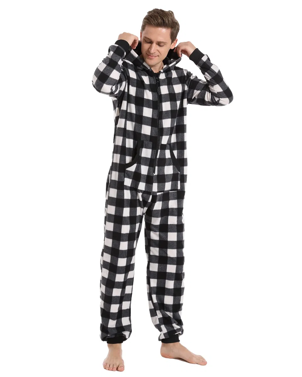 Pijama Adulto Cuadros Onesie de Navidad Mono con Capucha y Cremallera Familia Homewear Sleepwear Mujeres Hombres