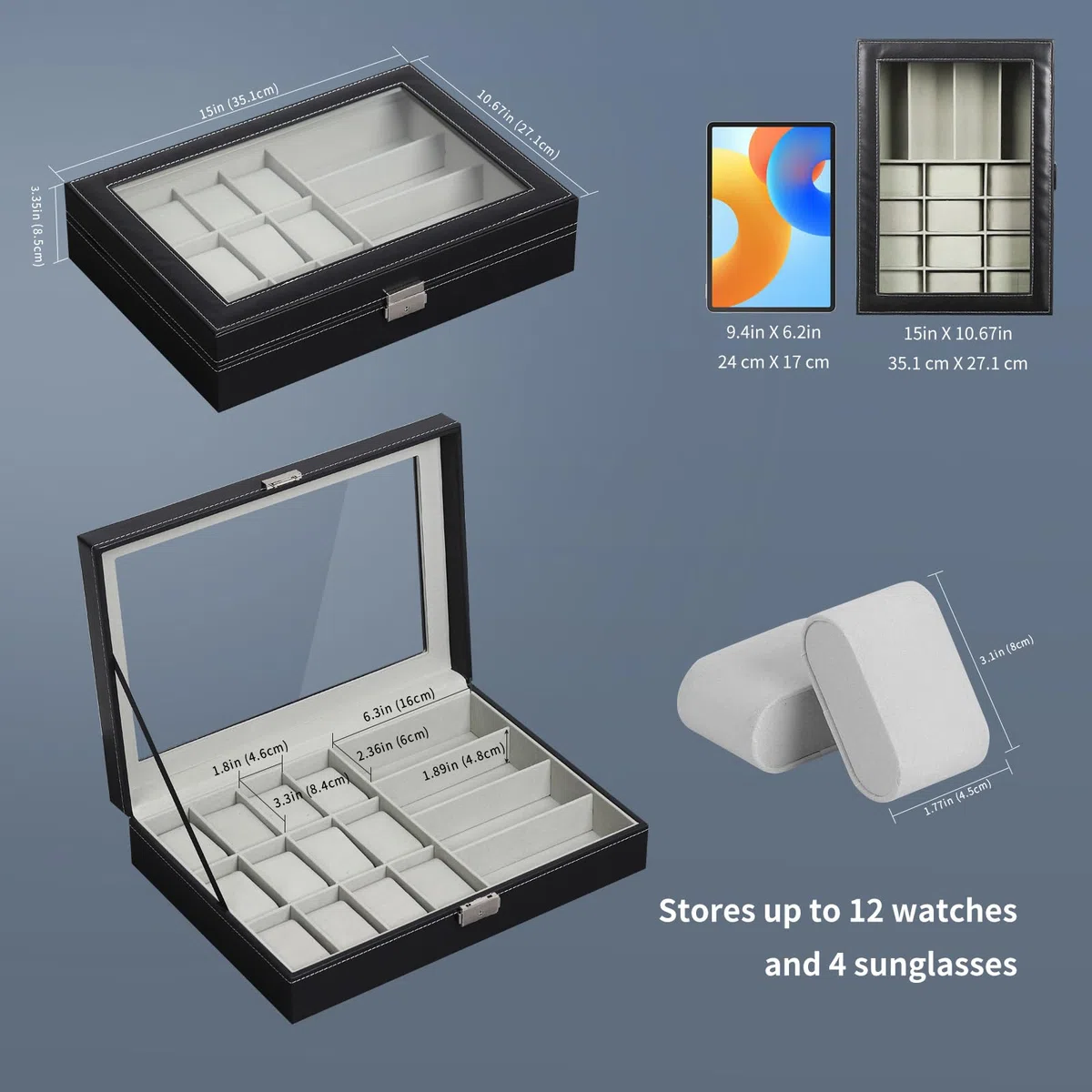 AUTOARK Caja de cuero para 12 relojes y organizador de lentes de sol de 4 piezas,para hombre y mujer,tapa grande de cristal,Negro,MKAW044