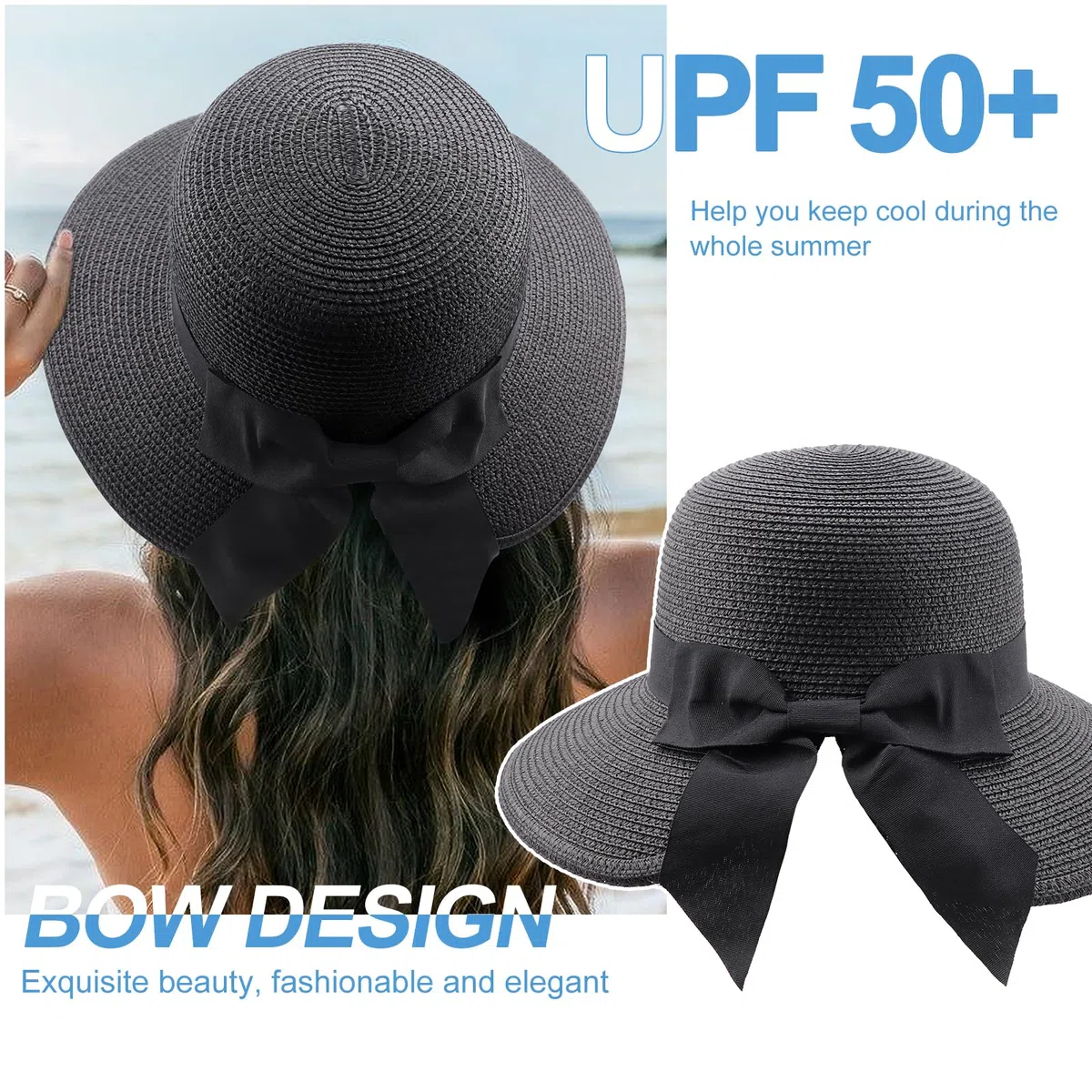 DRESHOW Sombreros de Sol Para Mujeres Sombrero de Sol de Playa Plegable Sombrero de Paja de Ala Ancha con Nudo UPF 50+