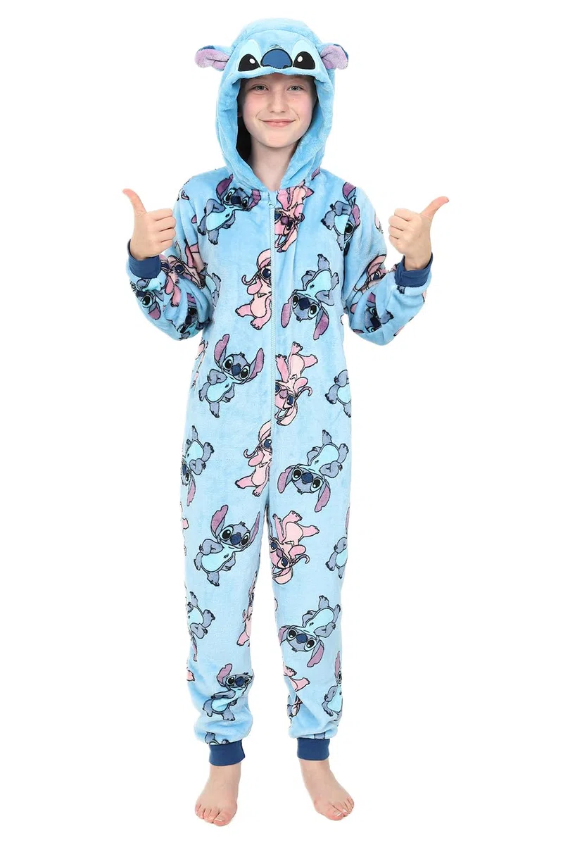 Disney Pijama de forro polar para niñas Lilo and Stitch & Angel Blue All in One