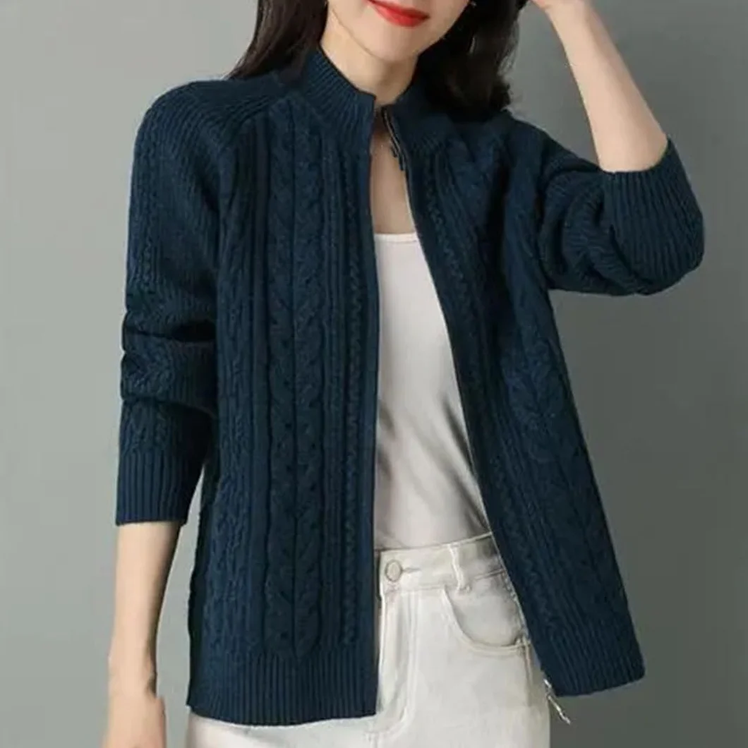 Chaqueta Tipo Cárdigan De Punto con Cremallera Y Cuello Alto para Mujer, Cárdigans De Manga Larga, Suéter Grueso
