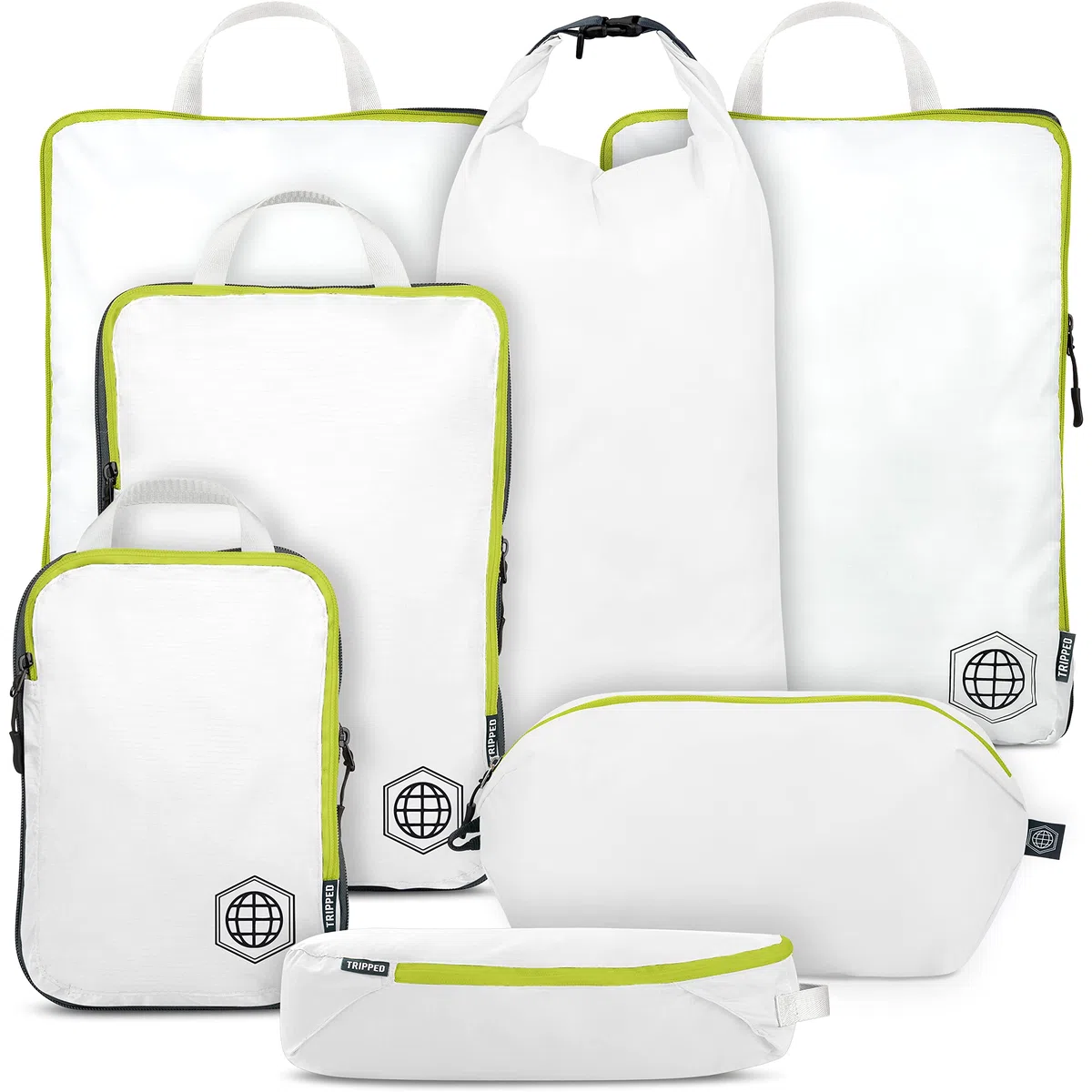 TRIPPED Travel Gear - Cubos de embalaje grandes para viajes, cubos de compresión extragrandes, organizadores de equipaje, juego de 7 piezas, ultraligeros, expandibles/bolsas de compresión para ropa de