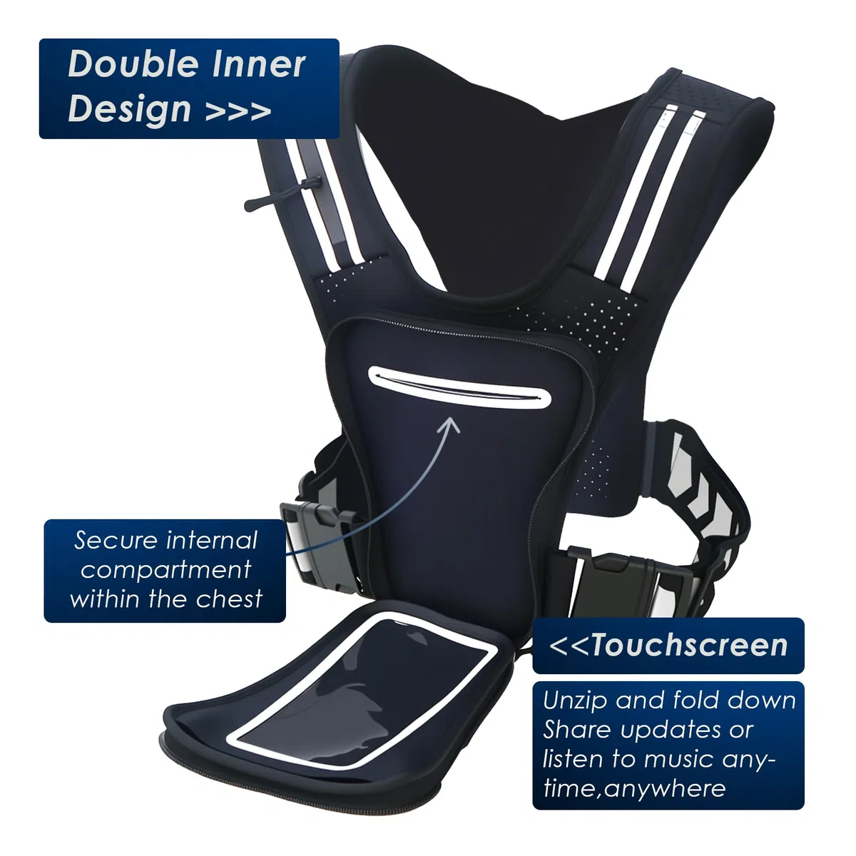 Chaleco para correr, chaleco reflectante ajustable para teléfono con bolsa impermeable y soporte para llaves, chalecos ligeros para correr para hombres y mujeres (negro)
