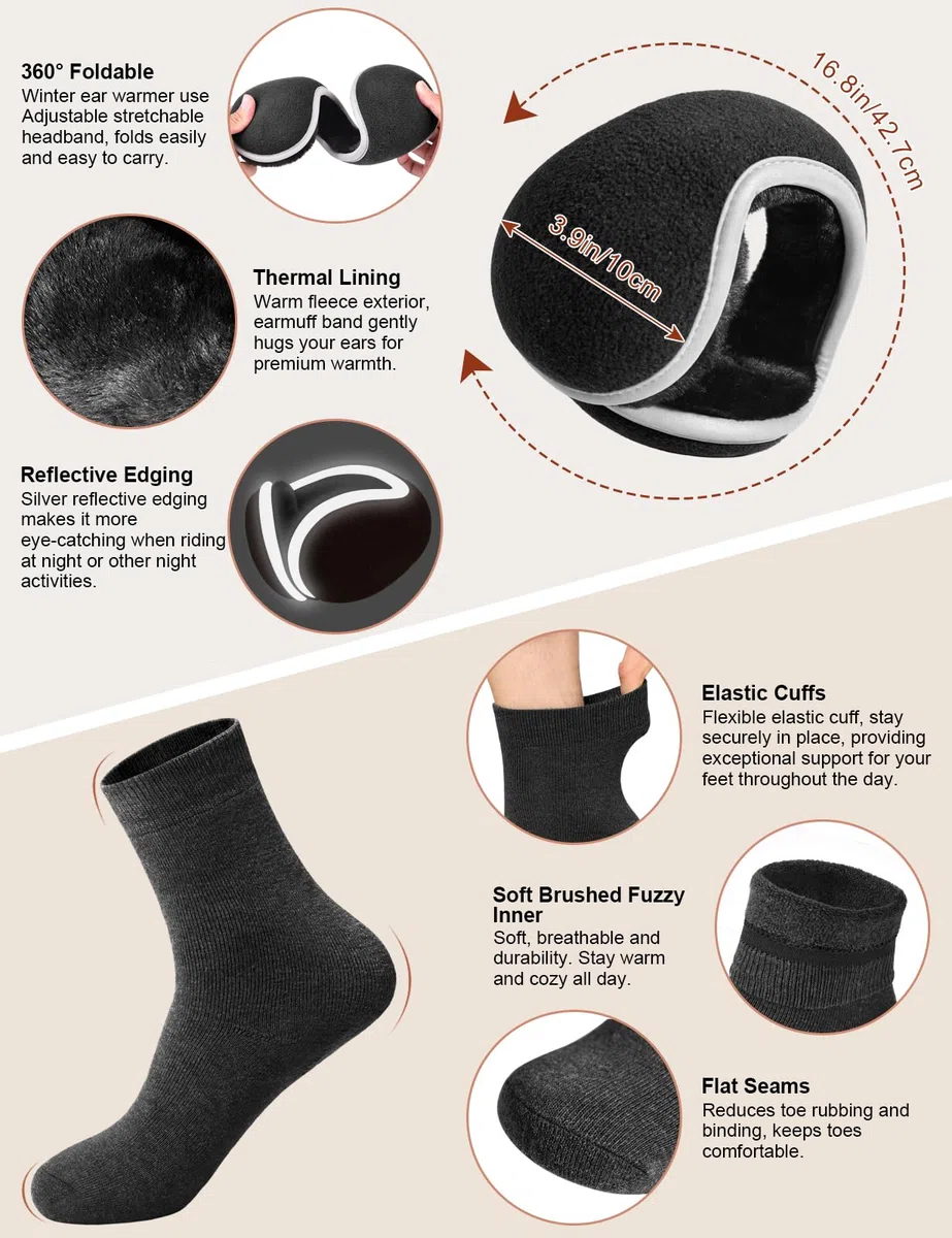 heekpek Set de Bufanda Gorro Guantes Orejeras y Calcetines Hombre de Punto Invierno Suave Térmico Conjunto de 5 Piezas para Hombre