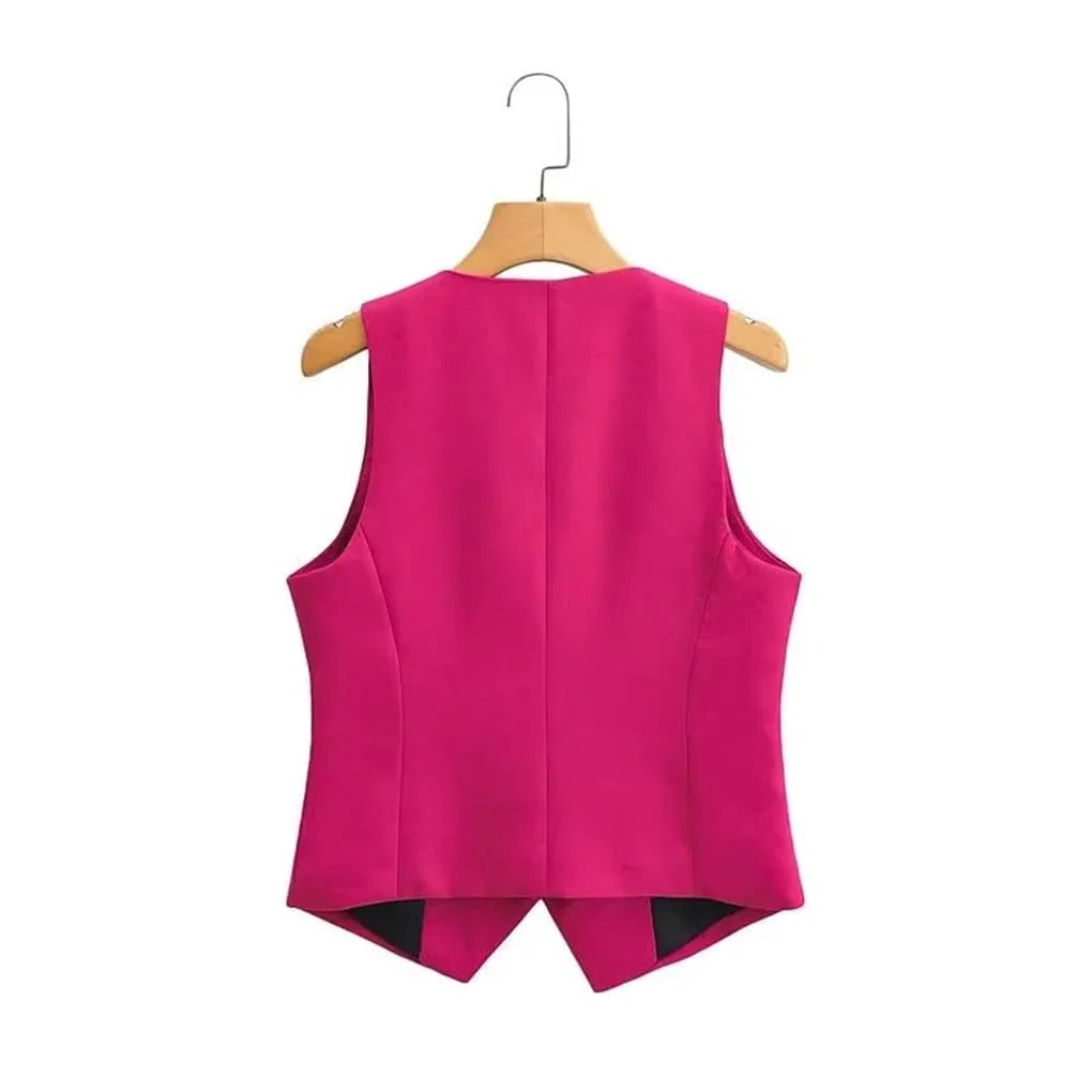 REHJJDFD Chaleco de traje para mujer con cuello en V y botonadura simple, color rojo rosa, ajustado, corto, asimétrico, delgado, sin mangas