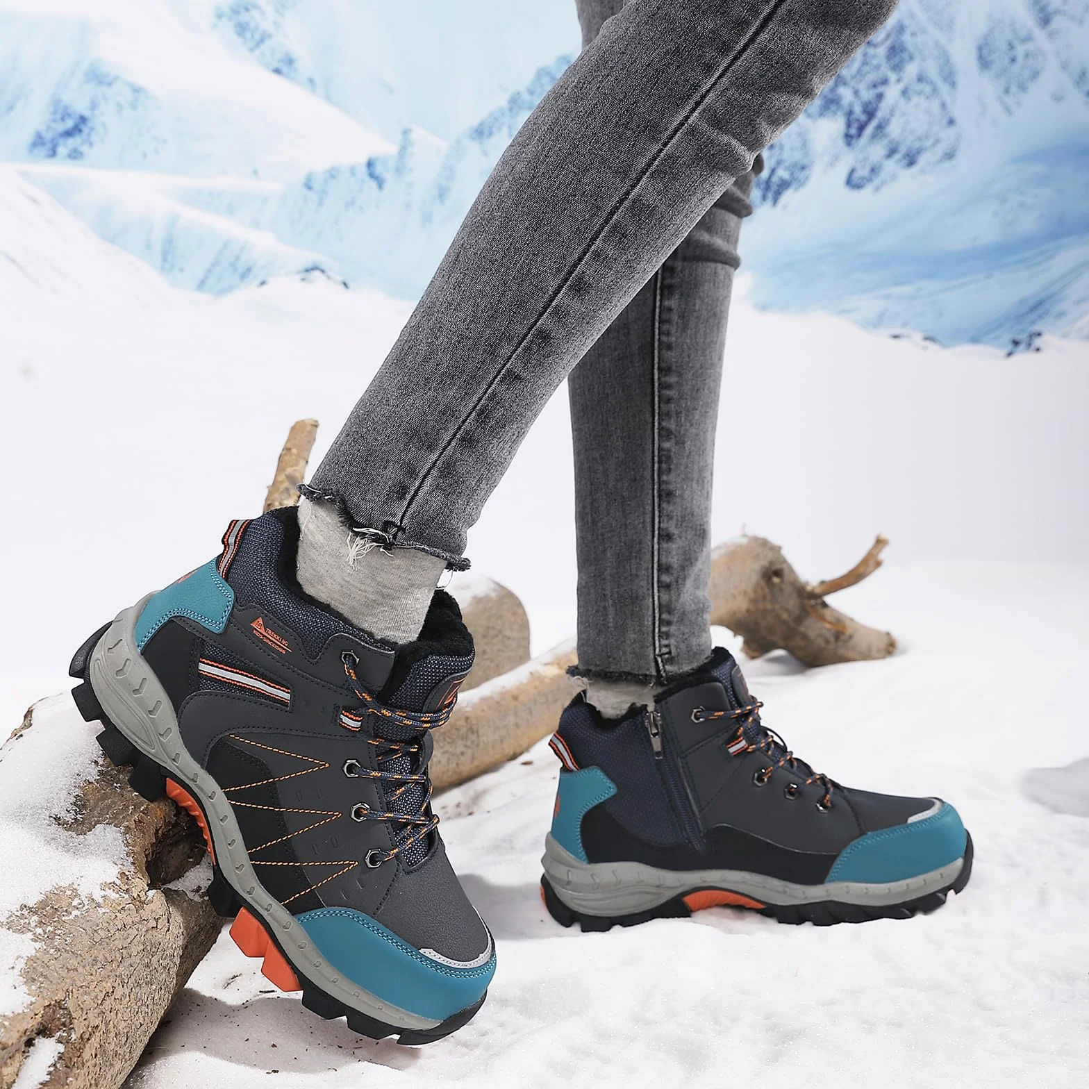 ASTERO Botas de Invierno para Niño 31-38 con Hebilla de Acero, Algodón, Zapatillas Trekking Senderismo, Botas de Nieve y Montaña, Azul 38