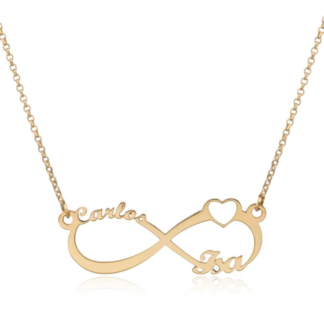 Collar Infinito Personalizado en Plata de Ley 925 para Mujer con Nombres Cadena de 40 cm + Alargador. Regalo para madres, abuelas en Cumpleaños, Navidad. Hecho en España (Infinito Corazón Oro)