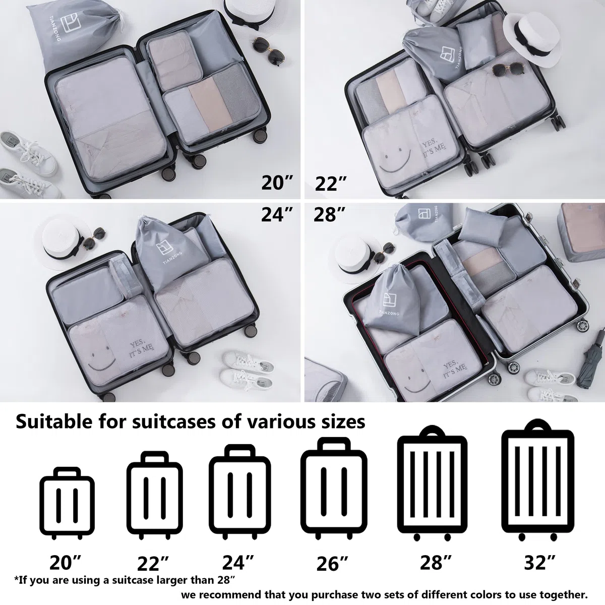TianZong Juego de 7 cubos de embalaje, organizadores de equipaje de viaje con bolsa de lavandería y bolsa de zapatos (gris)