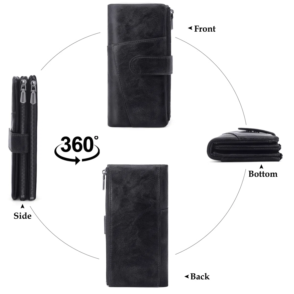 REETEE Carteras de Mujer Grande Cuero PU Monedero Muje Carteras Bloqueo RFID Largo Billetera 2 Grand Bolsillo con Cremallera para Monedas con 23 Ranuras Tarjetas (Negro)