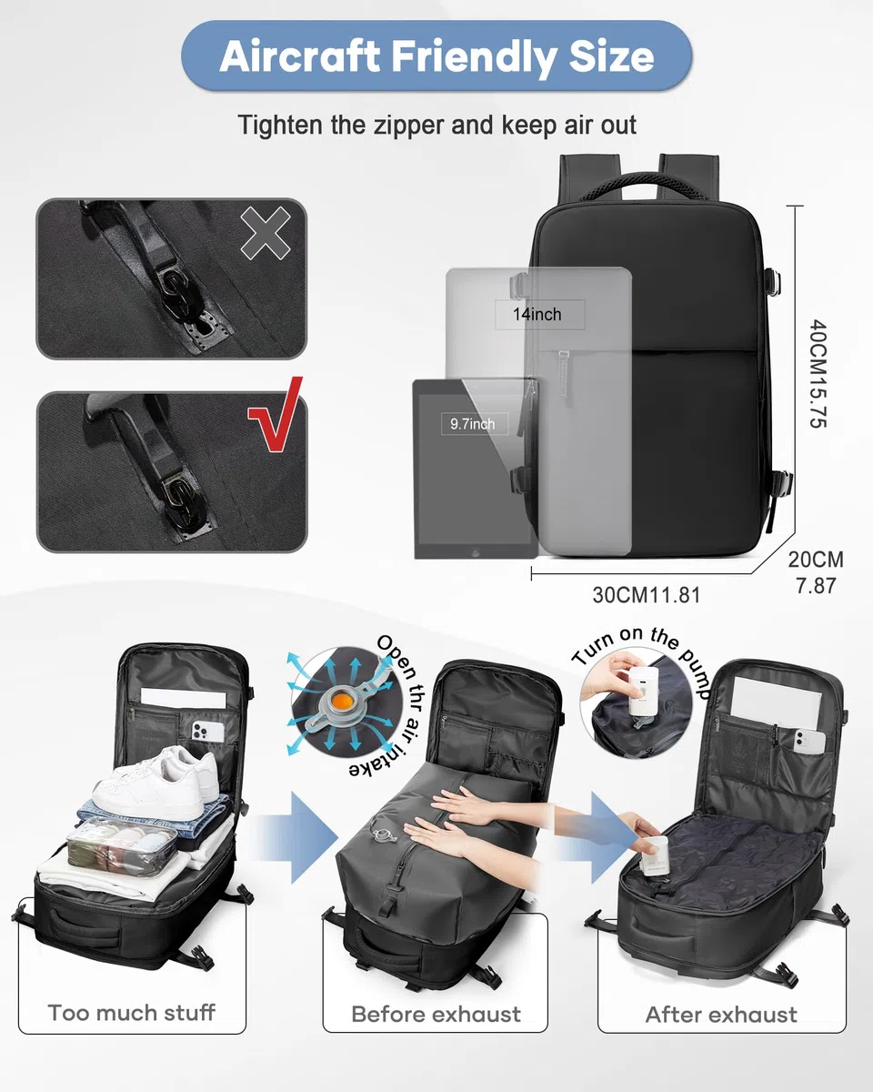 SZLX Mochila al Vacio con Bomba Mochilas Viaje Cabina Avion 40x30x20 Ryanair Vueling Wizzair Equipaje de Mano Bolsas de Viaje Mujer Maletas Easyjet Mochila Portátil Hombre,40x30x20cm,Negro