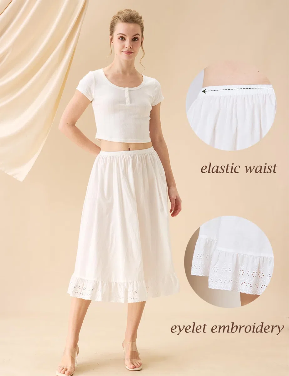 BEAUTELICATE Enagua Mujer 100% Algodón A-Line Falda Interior con Encaje en Dobladillo Volantes Antiestática para Falda Larga de Verano Vestidos