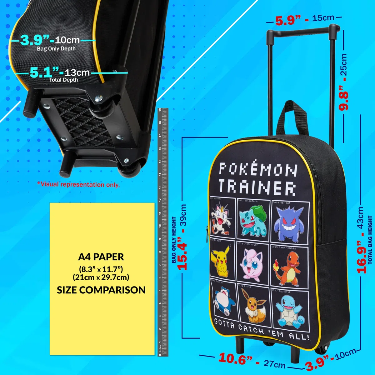 Pokémon Maleta Infantil Niños - Maleta Plegable con Ruedas, 39x27 cm, 10.5 litros, 2 Ruedas, Asa Extensible (S (39-10.5L) Negro/Multi)