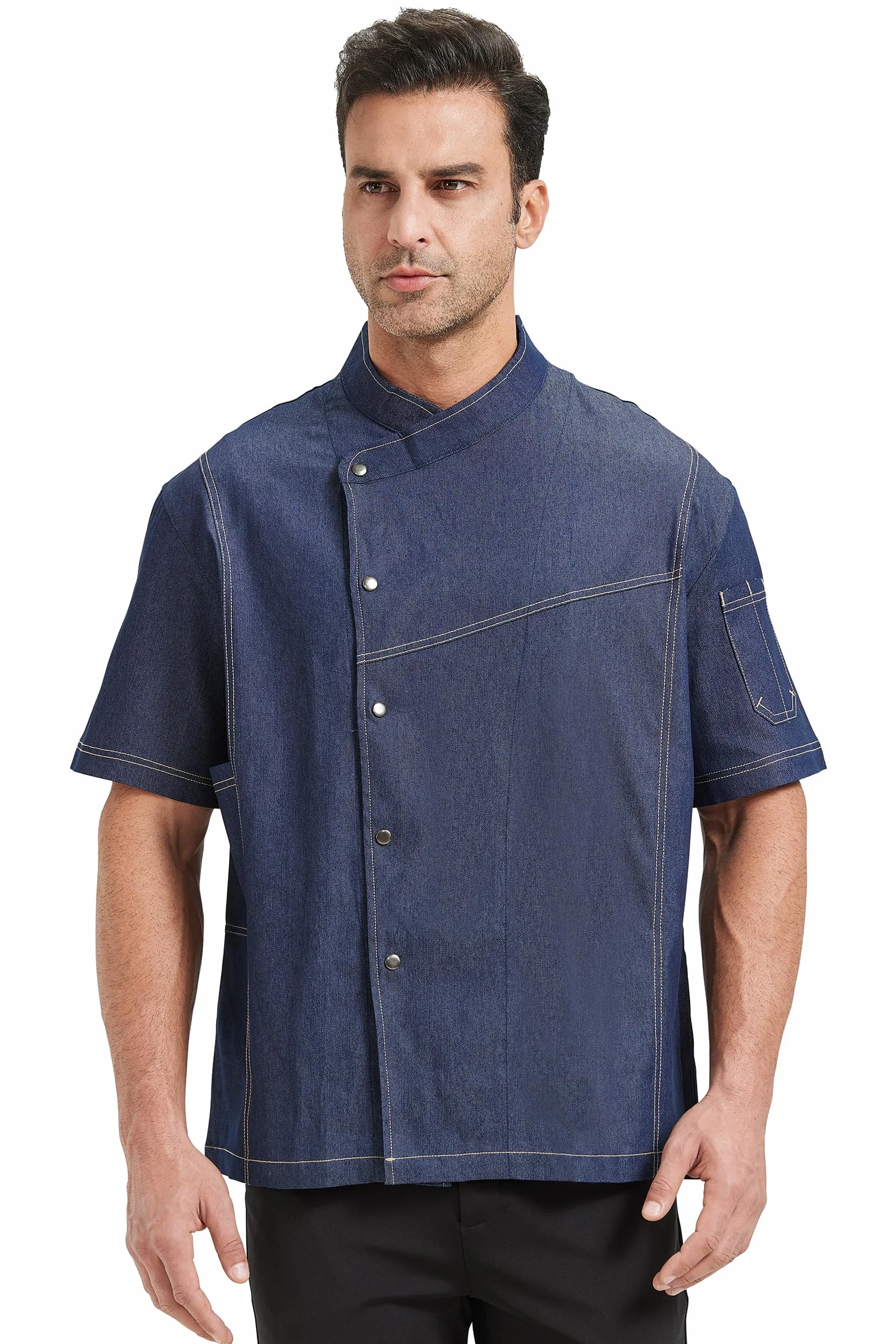 Nanxson Chaqueta de Chef Chaqueta de Chef Denim de Bolsillo para Hombre de Manga Larga Uniforme de Chef para Cocina de Restaurante