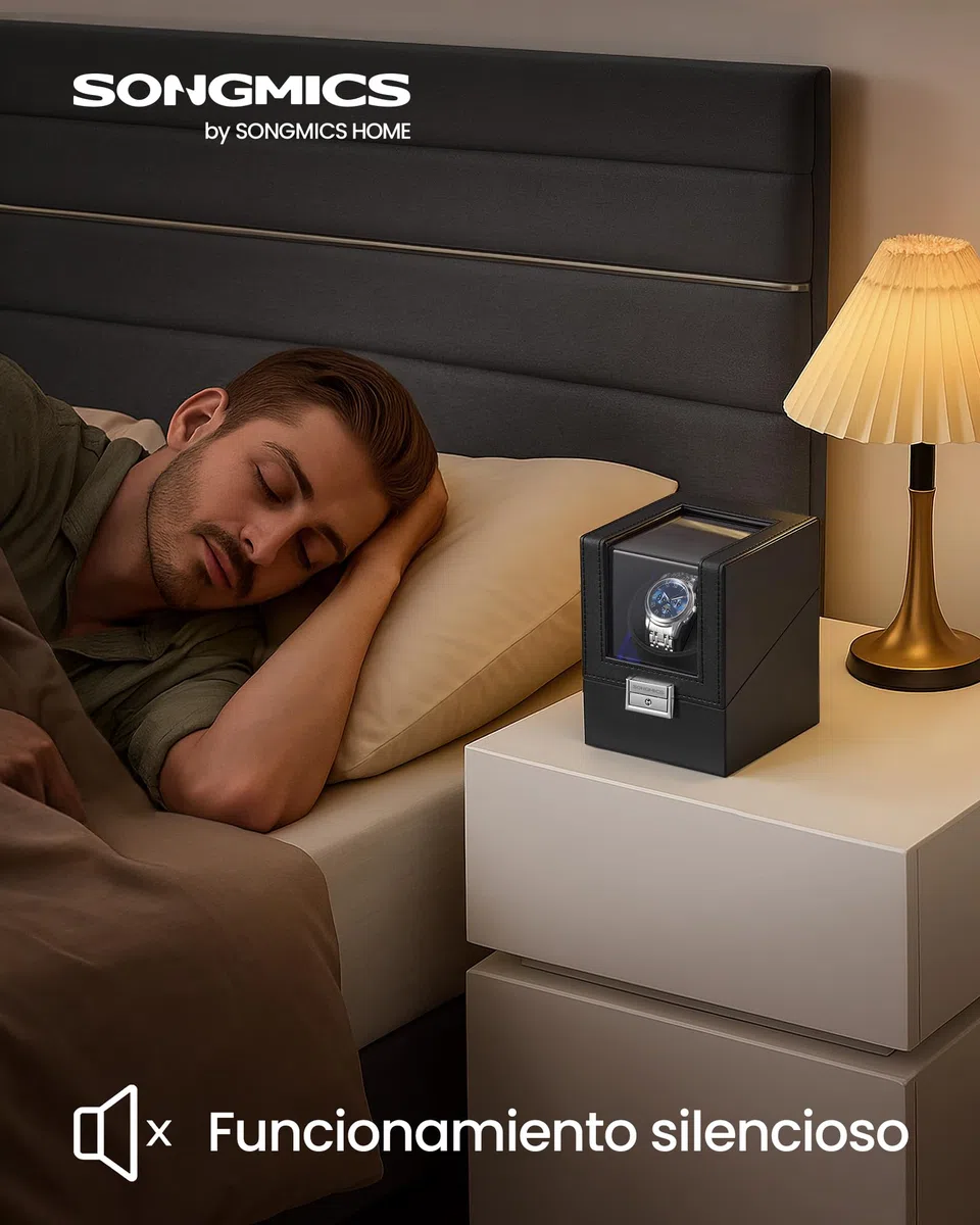 SONGMICS Caja Automática Enrollador de un Reloj con Motor Silencioso, para Relojes Automáticos, con Luz LED, Almohada Ajustable, Bloqueo, 4 Ajustes de Cuerda, Cable de Carga USB-C, Negro JWB030B01