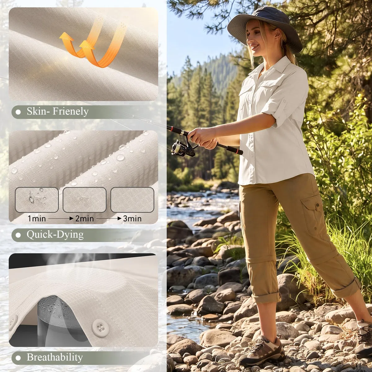 Camisas de safari para mujer, protección solar UV UPF 50+, manga larga, para exteriores, secado rápido, pesca, senderismo, jardinería