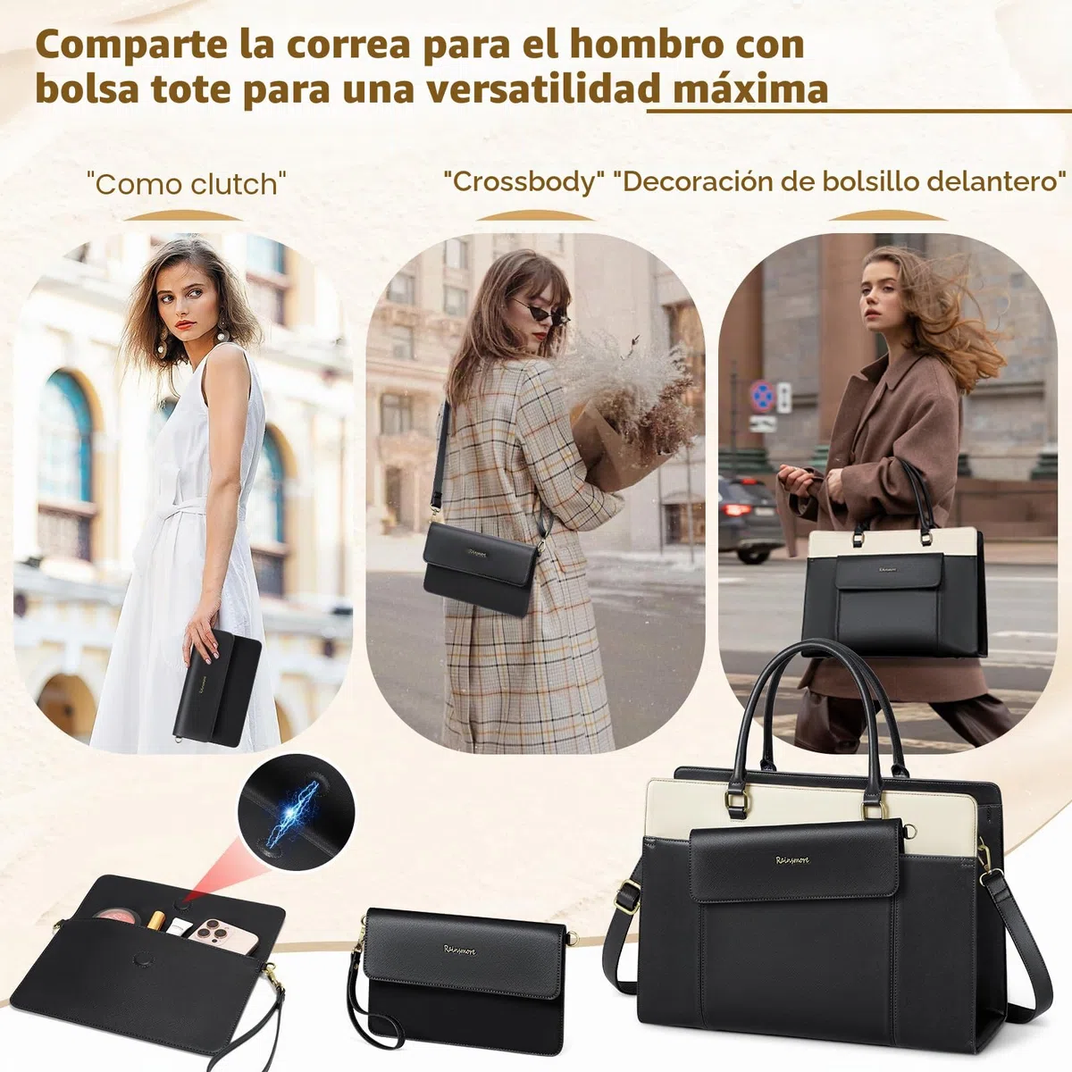 RAINSMORE Bolso Universidad Mujer Bolso Mujer Grande con Clutch Impermeable Ordenador Portatil 15.6 Pulgadas Bolsa Trabajo Shopper Oficina Negro