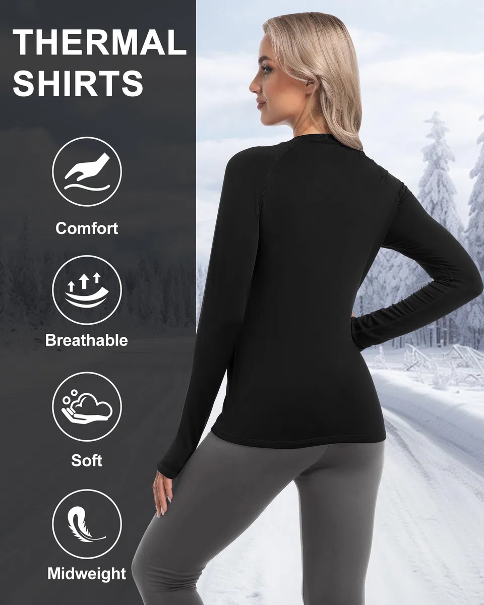 CL convallaria Women Thermal Tops Fleece Line Athletic Long Sleeve Thermal Vest Compression Baselayer Workout Shirts Soft and Warm Gear