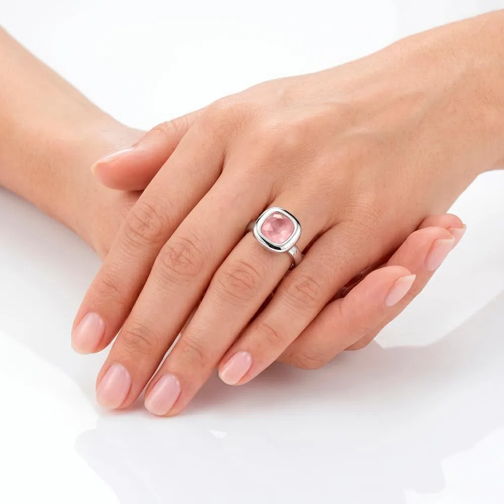 Passo Anillo plata mujer con piedra tallada en color rosa - Anillo solitario mujer ajustable, ideal para las tallas más comunes - Se envía en una cajita de regalo