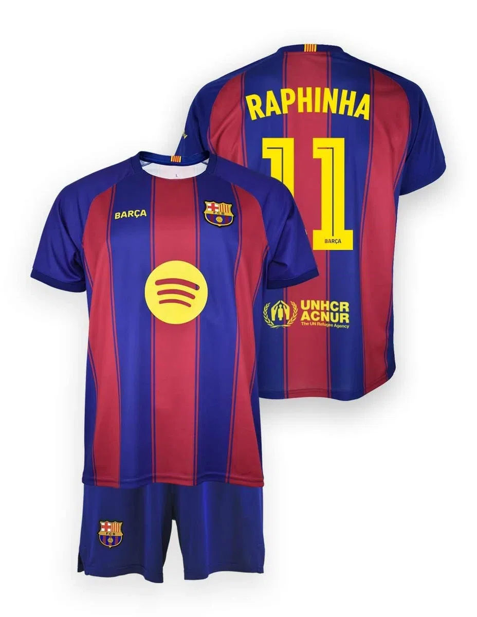 CB FC Barcelona Conjunto Infantil – Camiseta y Pantalón Raphinha Nº11 – 1ª Equipación 25/26 – Réplica Oficial-talla 10 años