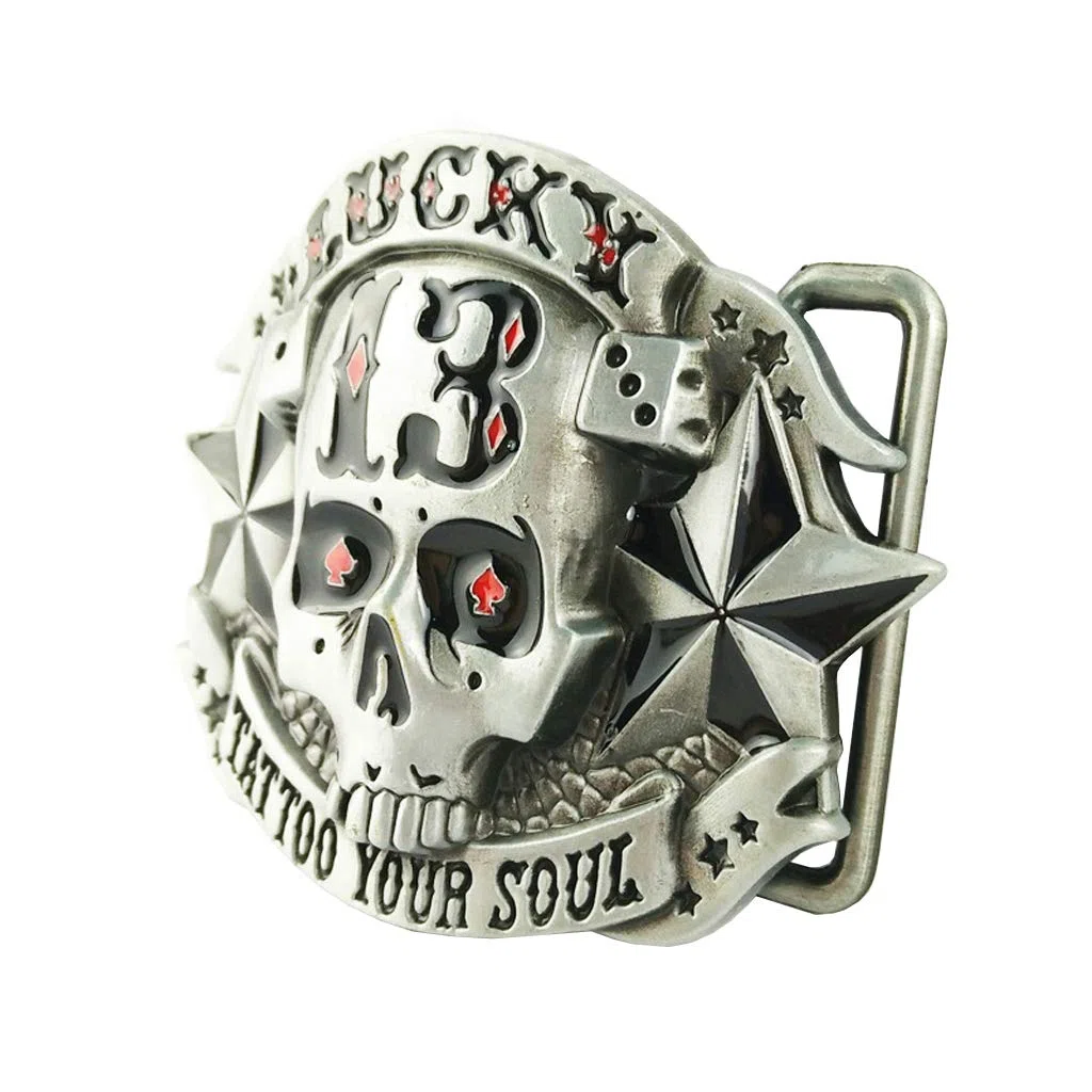 Hebilla de Cinturón de Calavera Vaquero Occidental - Metal Lucky 13 para Hombre, Cabeza de Fantasma Gótica, 3.1 x 2.5 Pulgadas, 2.33 oz