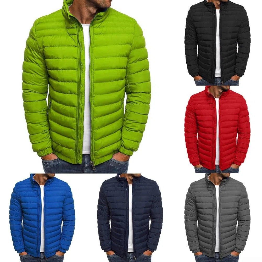 Chaqueta acolchada cálida de invierno para hombre, con cuello alto, cremallera, color sólido, portátil, acolchada, resistente al agua