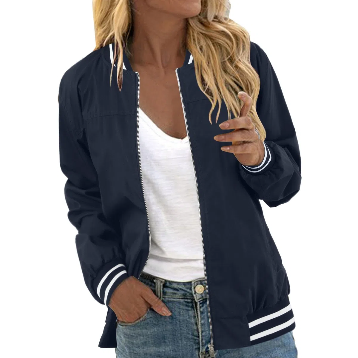 Chaqueta bomber para mujer, chaqueta ligera de entretiempo sin capucha, manga larga, cuello alto, chaqueta de aviador, estilo deportivo, chaqueta de ciclismo, chaqueta con cremallera