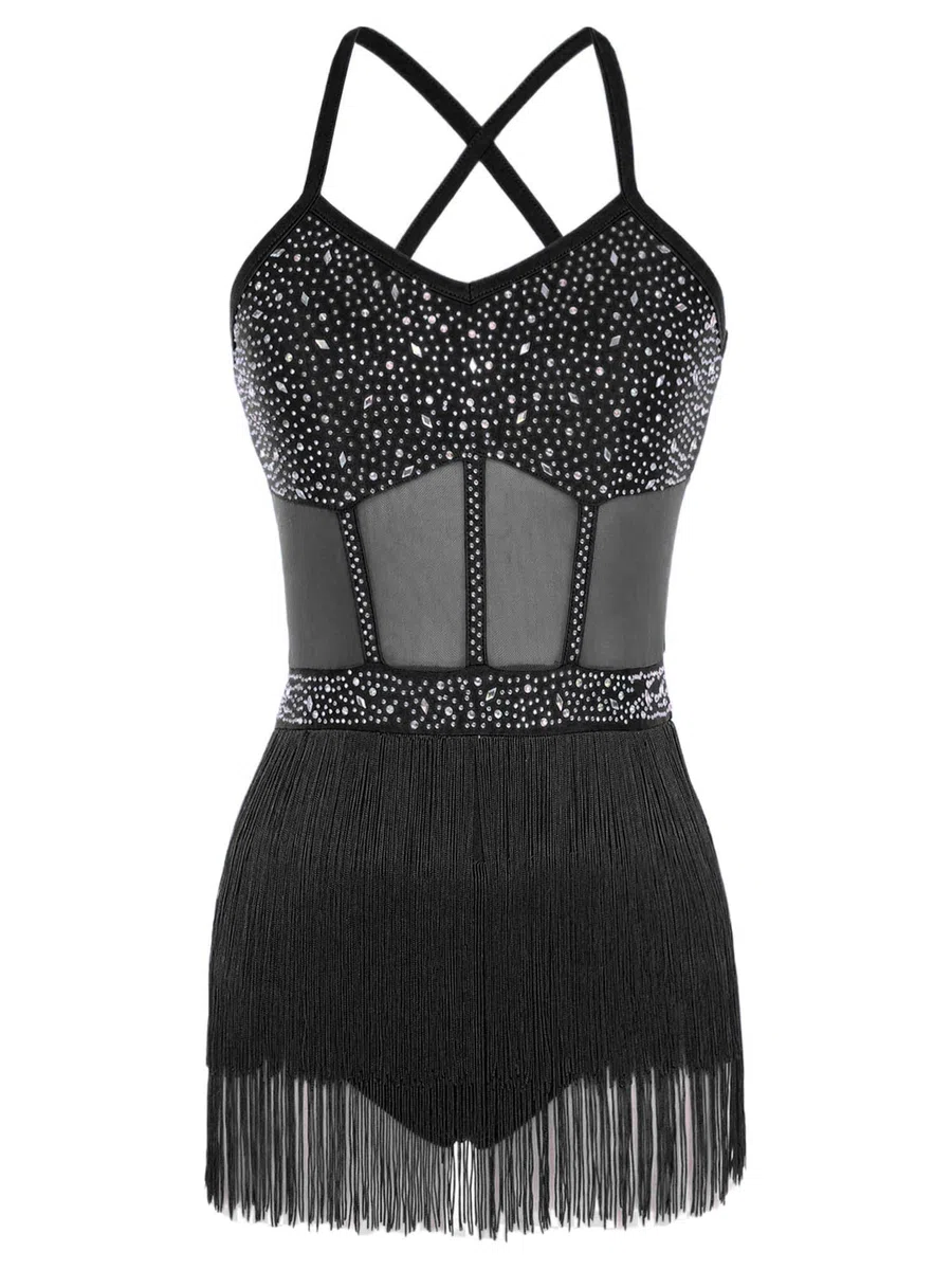 Traje de Danza Latina Salsa para Mujer con Flecos Maillot Patinaje Artístico con Guantes de Malla de Pedrerías Brillantes Traje Baile de Salón Tango Chachá S-XXL