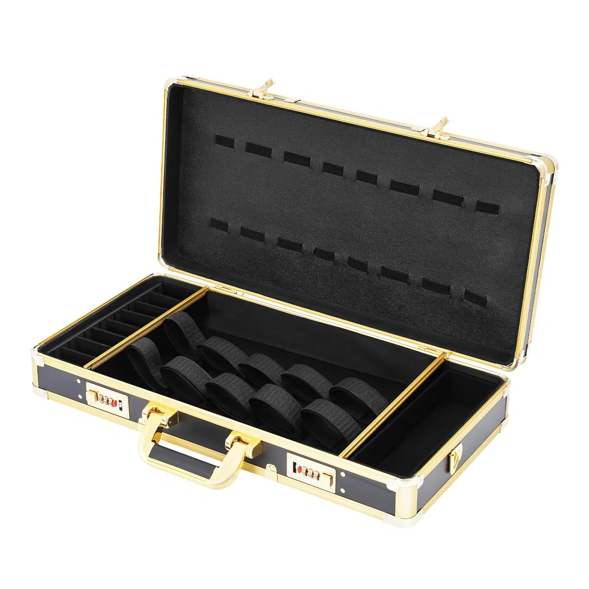 Maletín de peluquería, estuche portátil con cerradura de código, tres compartimentos, diseño de una pieza, caja de herramientas para peluqueros, cuidadores de animales, 55 x 27 x 10 cm, Negro Dorado