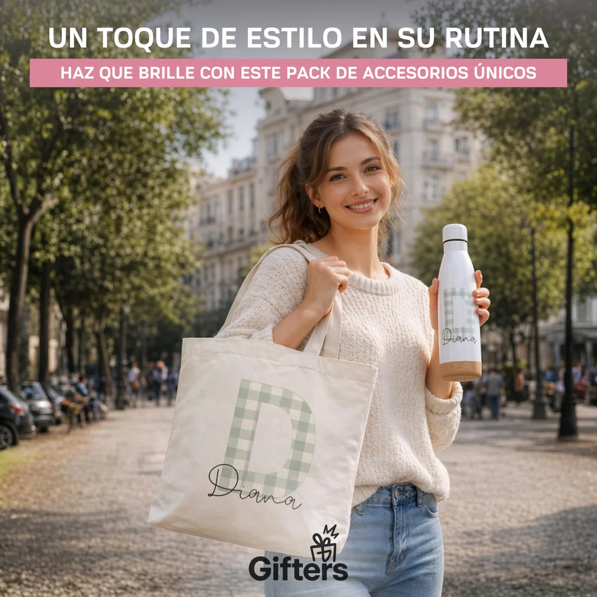 Gifters | Pack Bolsa y Botella Personalizadas con Inicial y Nombre | Estampado Cuadros Vichy | Tote Bag + Botella Acero Inoxidable 750 ml | Regalo Original Mujer, Amiga, Madre, Navidad, Cumpleaños