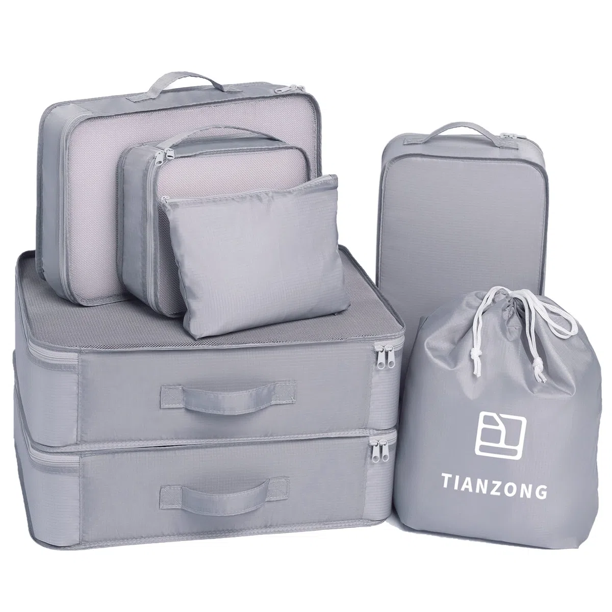 TianZong Juego de 7 cubos de embalaje, organizadores de equipaje de viaje con bolsa de lavandería y bolsa de zapatos (gris)