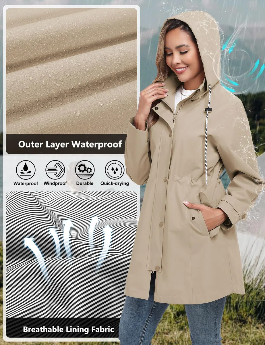 Chubasquero Mujer Impermeable Ligera Chaqueta lluvia Cortavientos con Capucha y Cremallera Abrigo Impermeables Primavera Otoño Gabardina para Exteriores