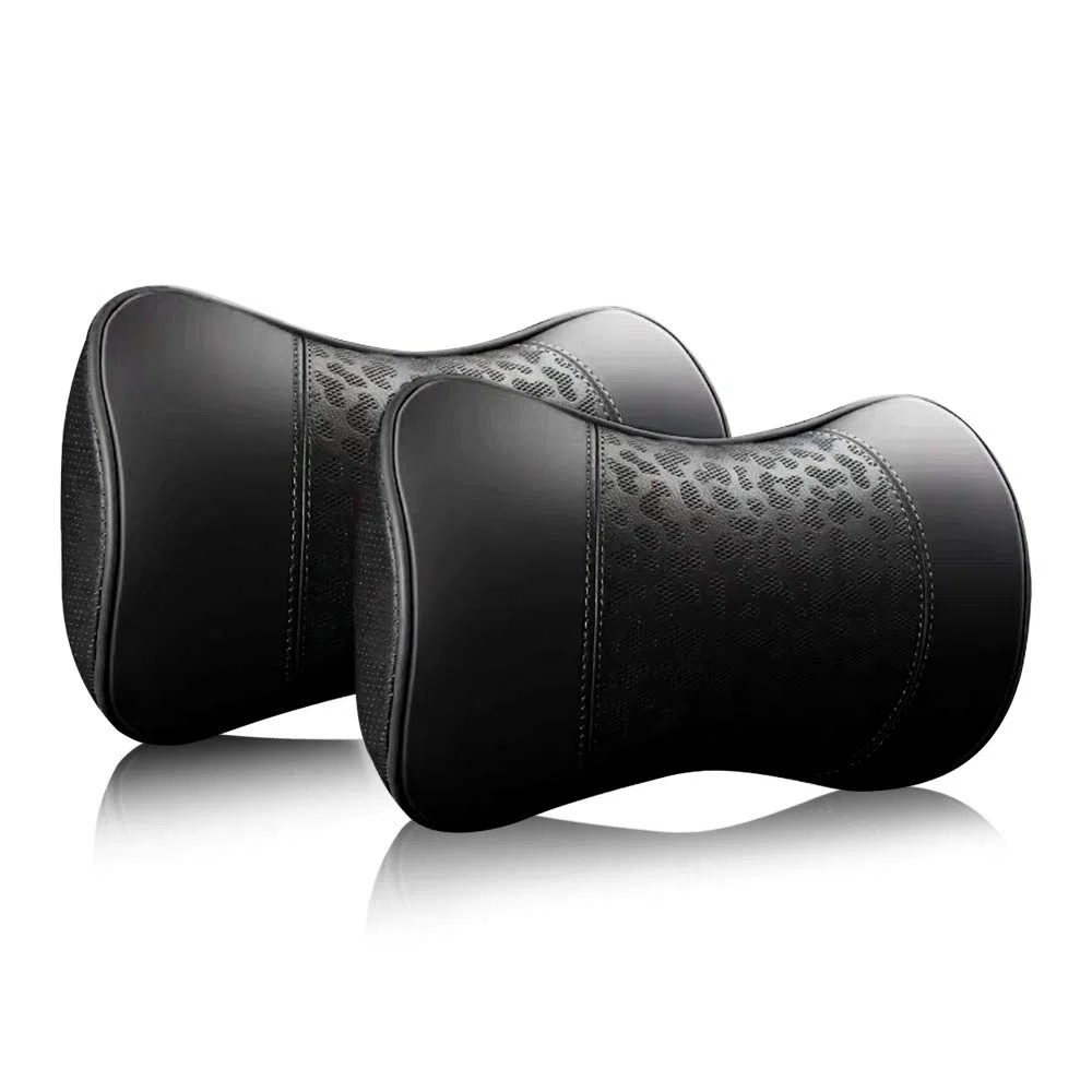 Carodi Cojín cervical de cuero para coche, cojín cervical, soporte cervical de espuma viscoelástica 100 %, cómodos asientos de coche de viaje y cojines suaves para la oficina en casa, negro, un juego