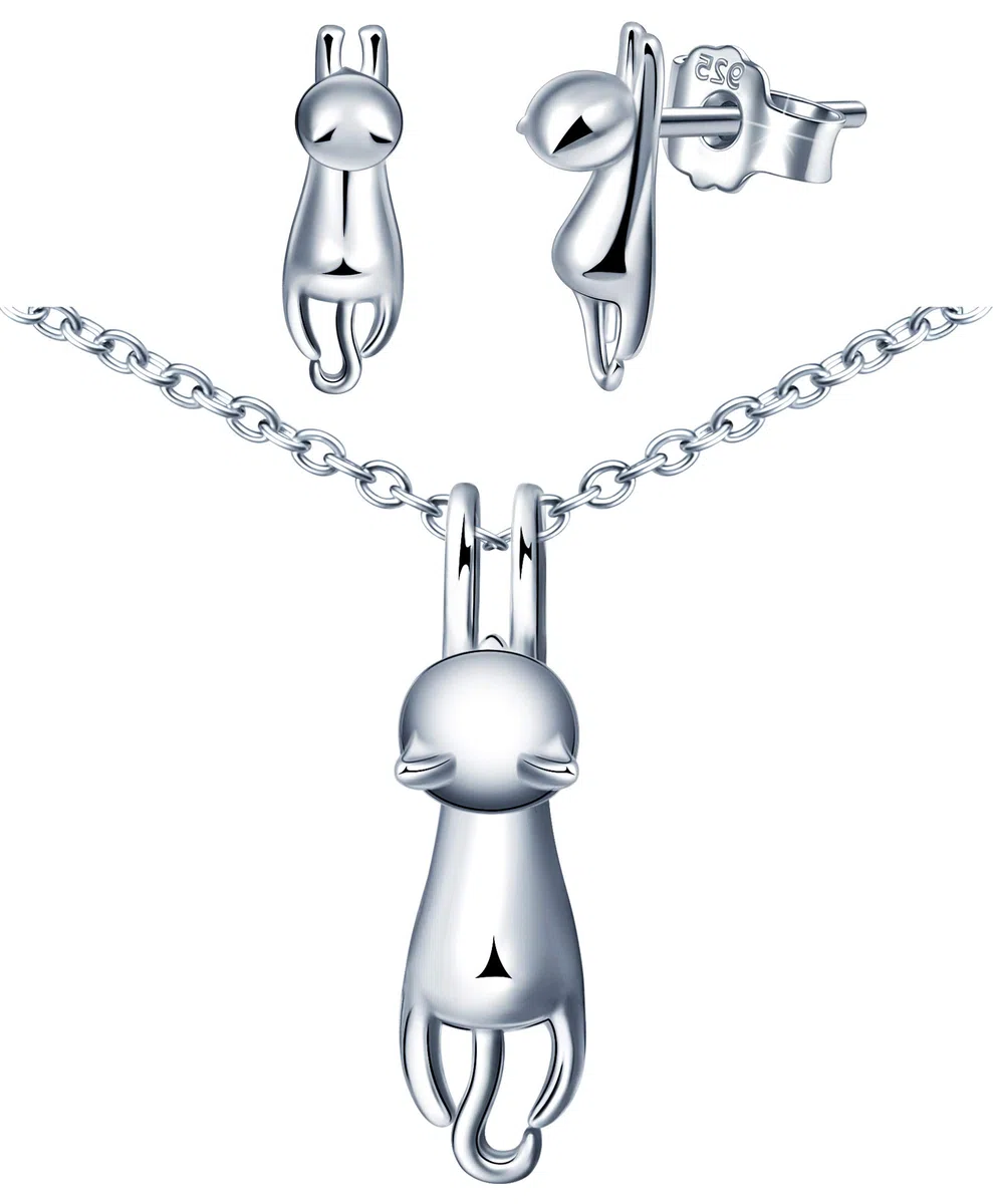 Yumilok Conjuntos de joyas de plata 925, lindo collar de gato, aretes únicos de gato, joyas elegantes para mujeres, regalos cumpleaños