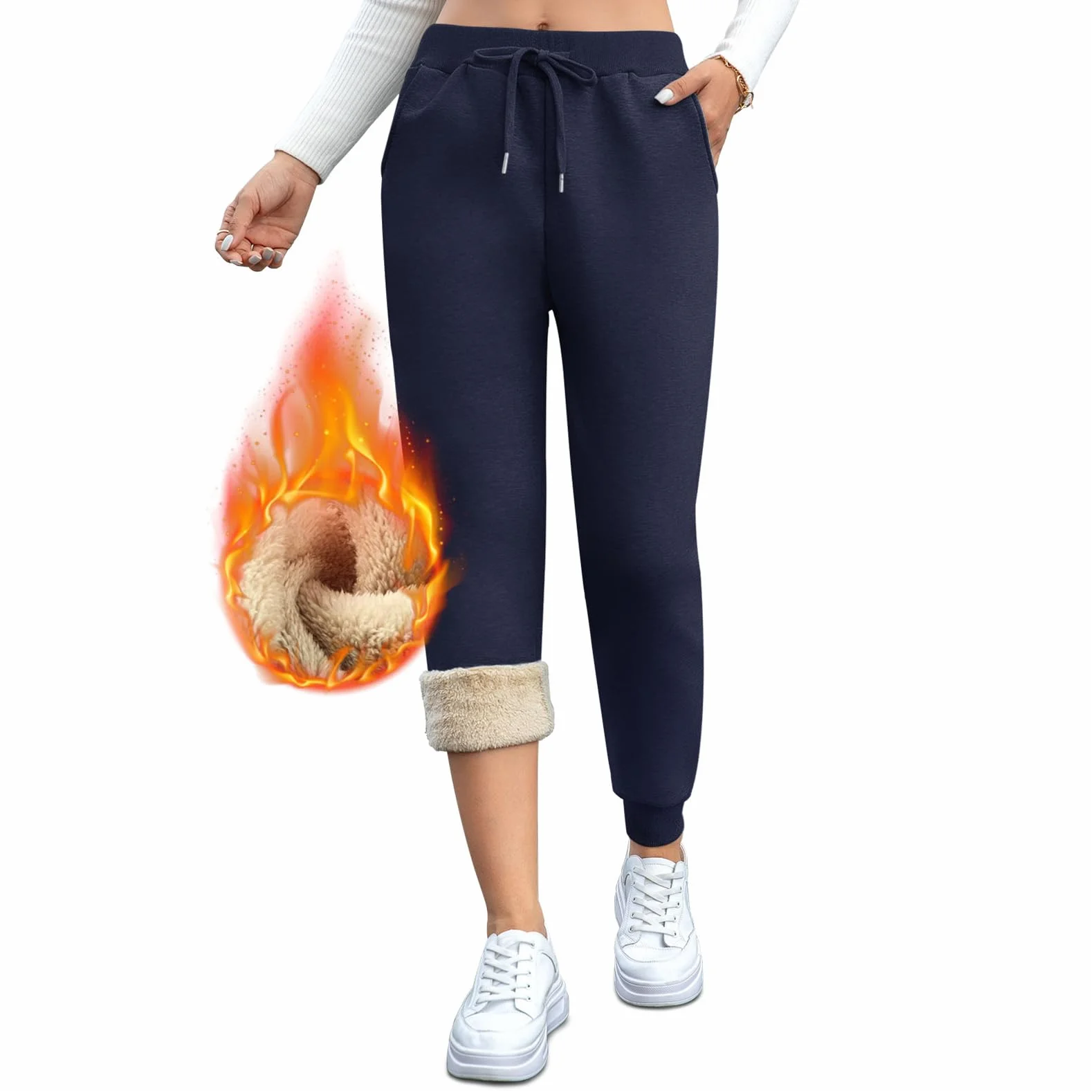 Pantalon Chandal Mujer, Pantalones Térmicos de Invierno, Pantalones Deportivos Informales con Forro Polar para Mujer con 2 Bolsillos y Cintura Elástica con Cordón