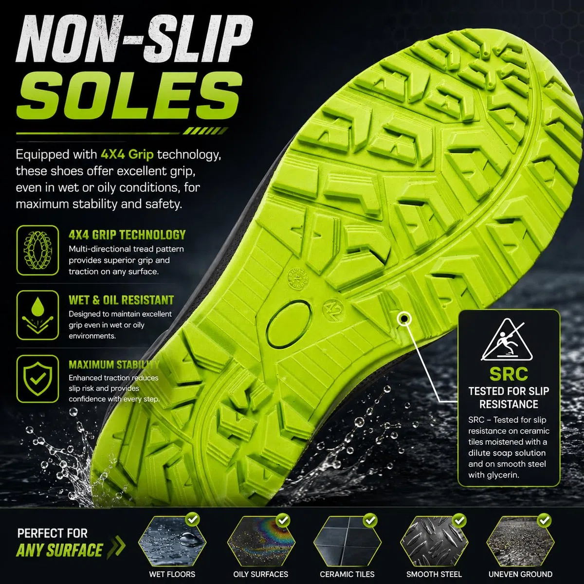 BWOLF SPYKE Zapatos de trabajo bajos S3 impermeables, resistentes al aceite, antideslizantes 4x4 Grip Tech, suela Ergo, Negro, 42 EU