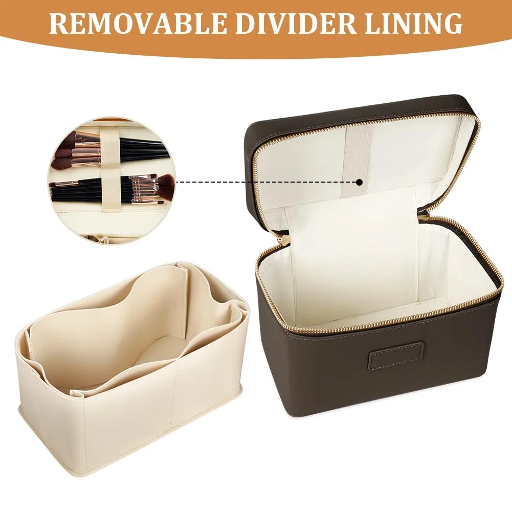 Bolsa de Aseo Mujer Maquillaje, Bolsas de Cosméticos de PU, Bolsa de Lavado de Viaje, Organizador Grande para Maquillaje, Neceser Makeup Bag Multifuncional, Regalo Ideal para Mujeres, Café Claro