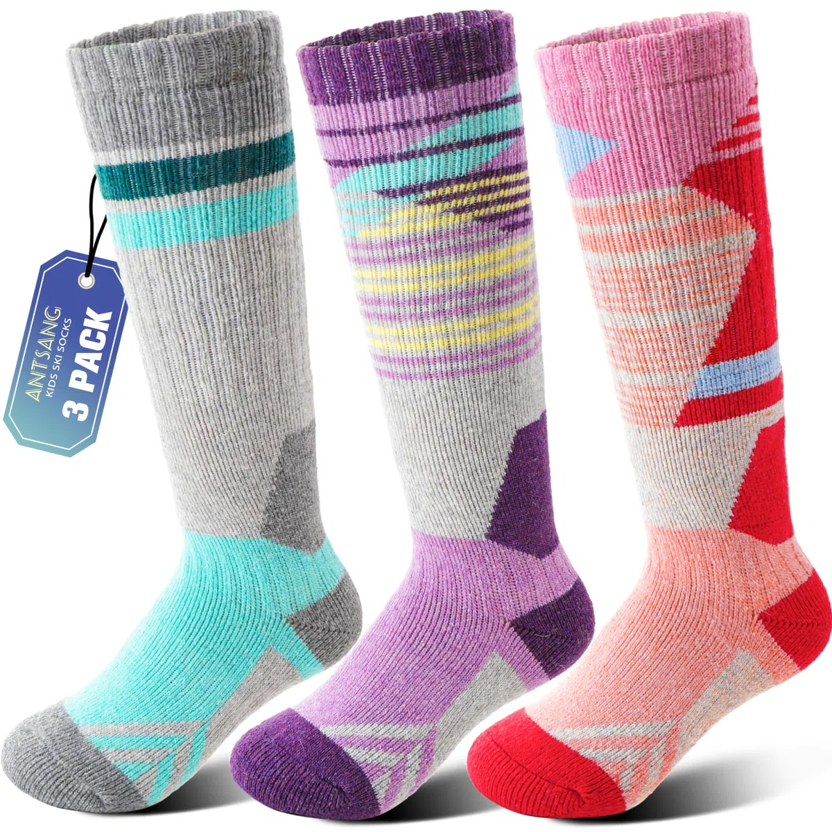 ANTSANG 3 Pares Calcetines Ski Lana Merino Niños Niñas Térmicos Abrigados Invierno Gruesos Acolchados para Snowboard Esquí