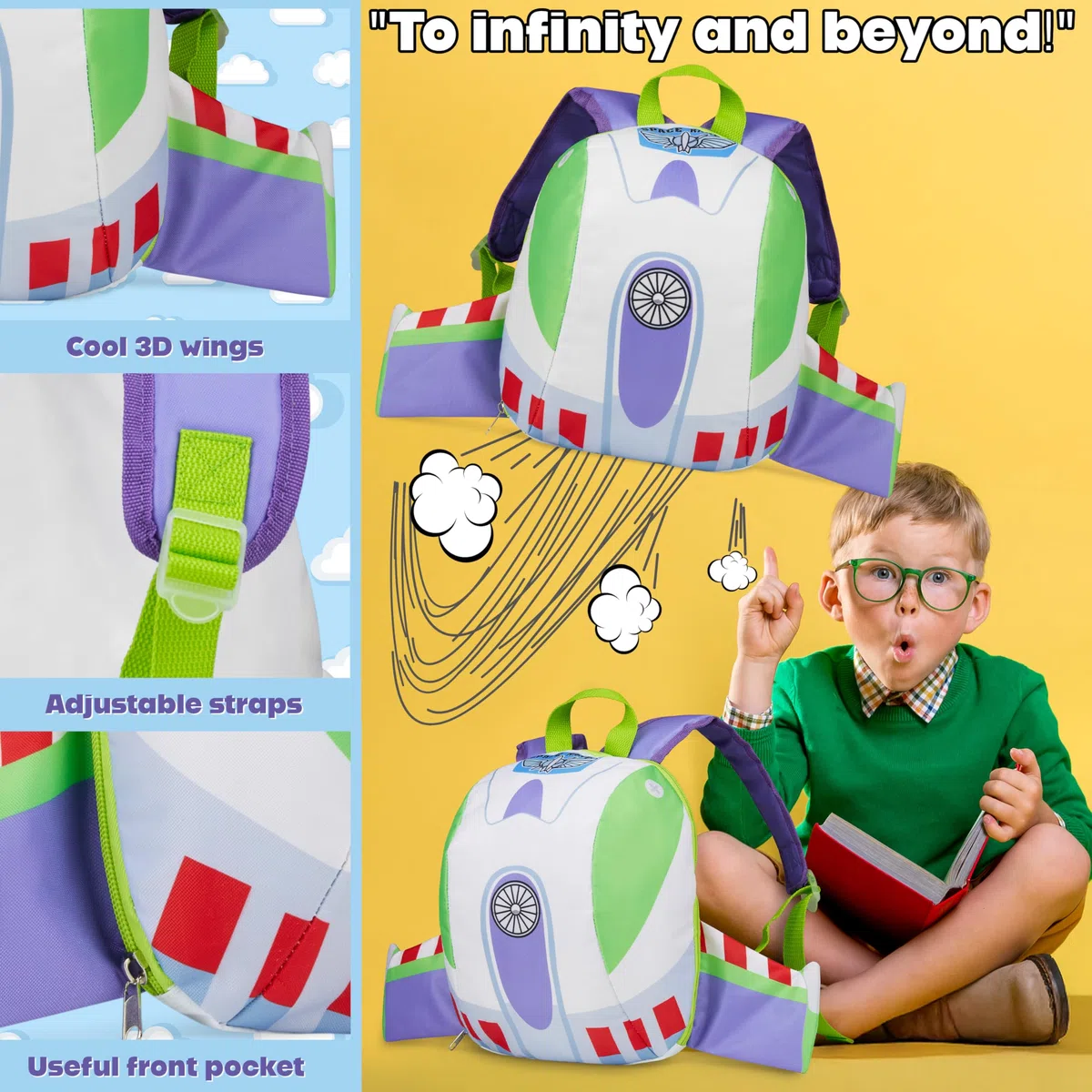 Disney Toy Story Mochila Infantil con Alas 3D Buzz Lightyear Mochila Guardería Preescolar Niños Ligera para Viajes Cole y Pijamadas