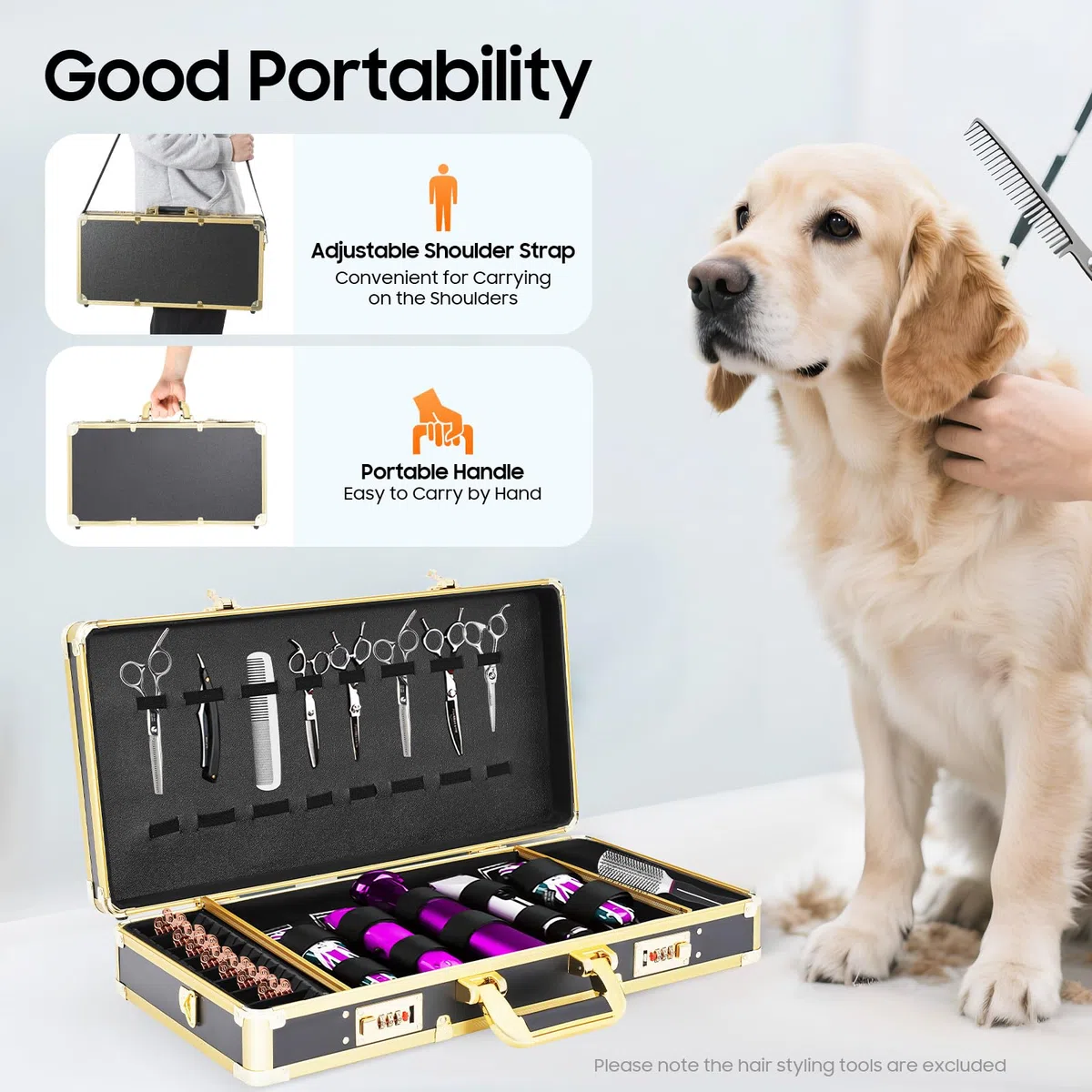 Maletín de peluquería, estuche portátil con cerradura de código, tres compartimentos, diseño de una pieza, caja de herramientas para peluqueros, cuidadores de animales, 55 x 27 x 10 cm, Negro Dorado