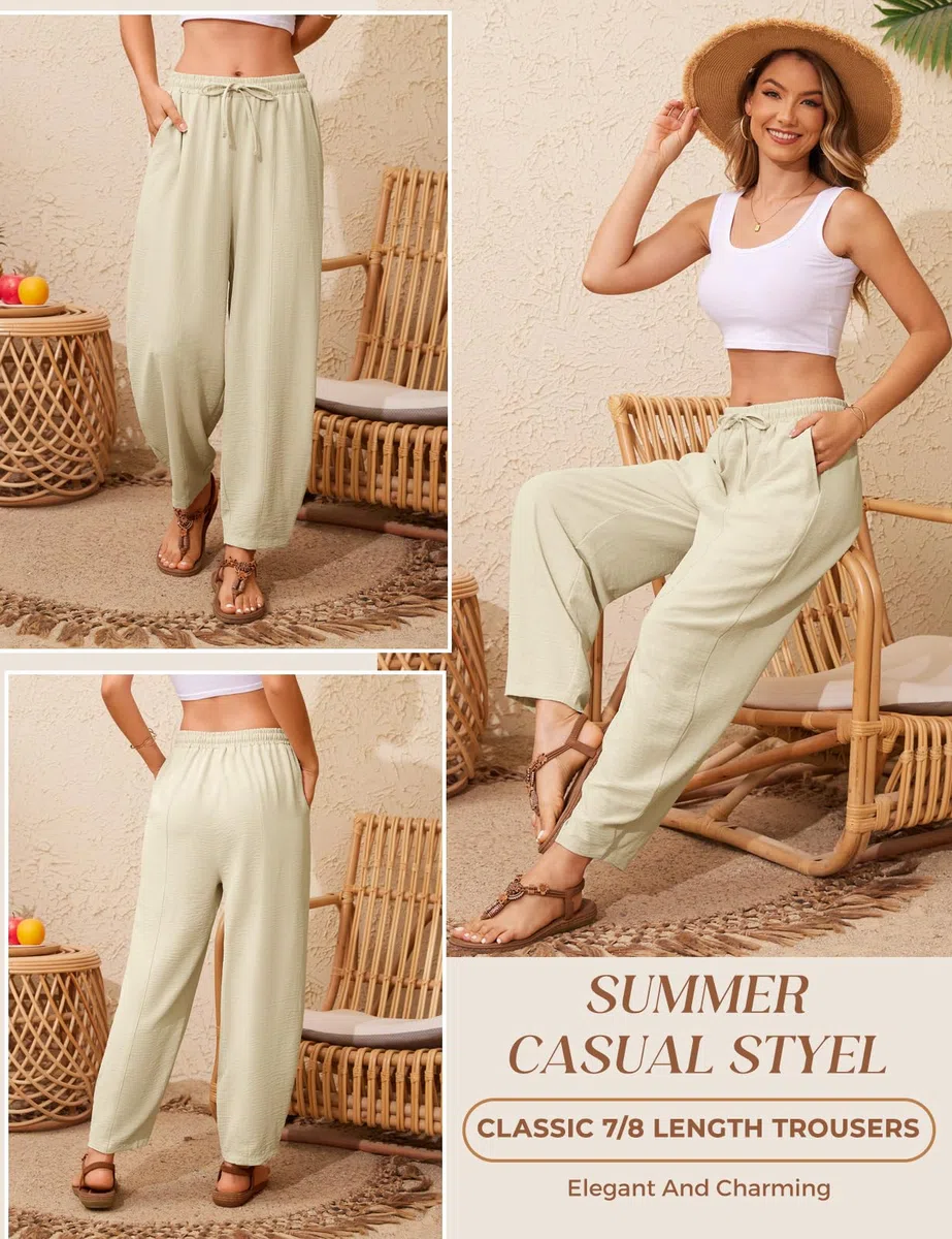 UMIPUBO Pantalones Mujer Verano 7/8 Pantalón Comodo Cintura Elástico Pantalon de Anchos Ligeros Moda para Trabajo Jogger con Bolsillos Frescos Deporte Causal Vacaciones