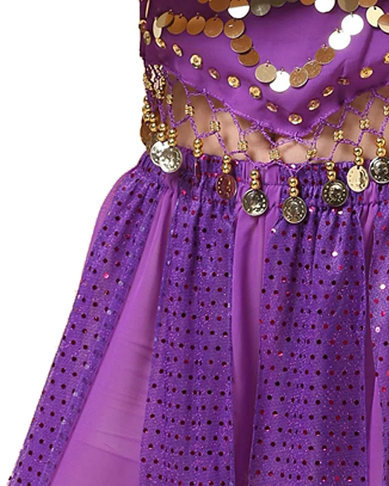 Bollywood Indian Princess Theme Belly Dance 2-Piece Costume Set Outfit for Women Girls with top and Pants (150-169cm, 30-60kg)
